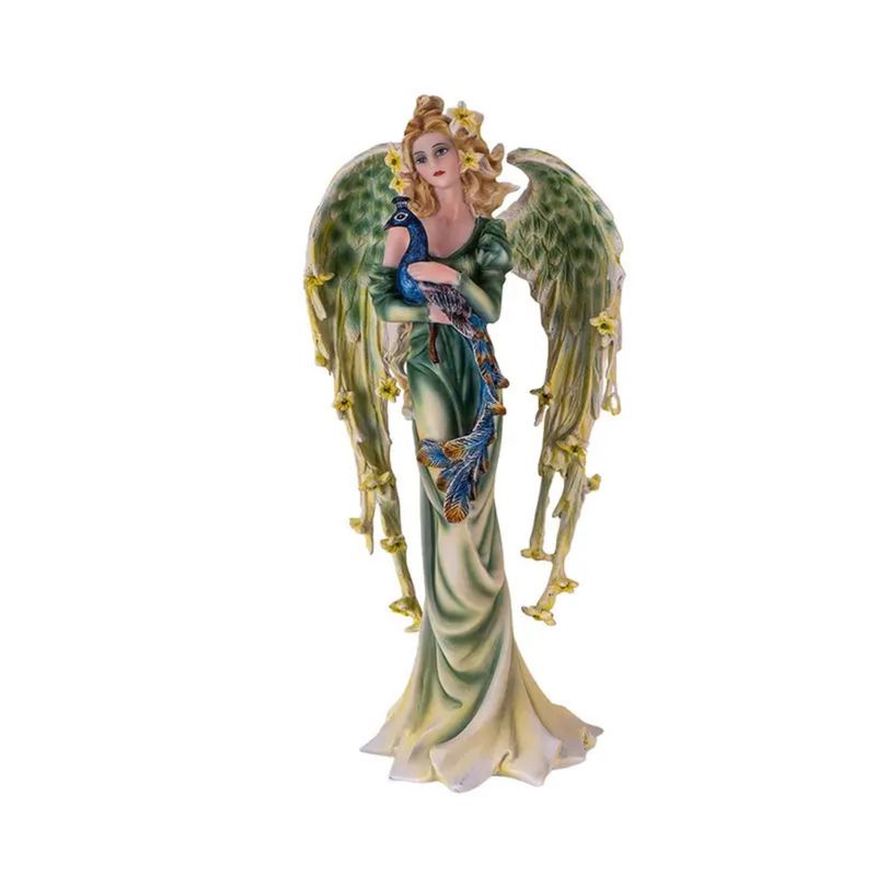 Statue Fée Verte avec Paon – 24 cm
