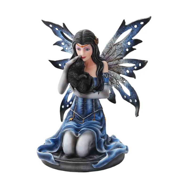 ​Statue Fée Mystique Bleue avec Chat Noir - 22cm