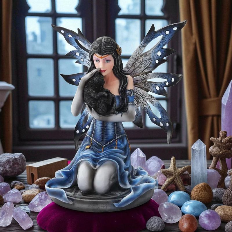 ​Statue Fée Mystique Bleue avec Chat Noir - 22cm