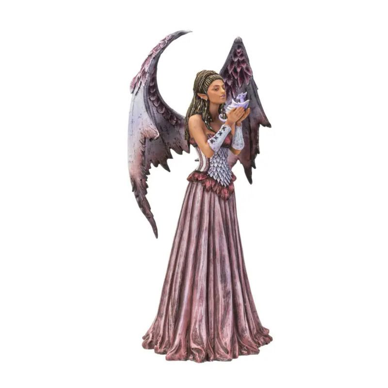 ​Statue Fée d’Adoration Rosée avec Dragonnet Violet - 35 cm