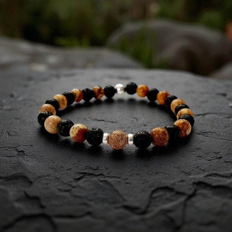 Bracelet jaspe paysage &amp; pierre de lave 6mm