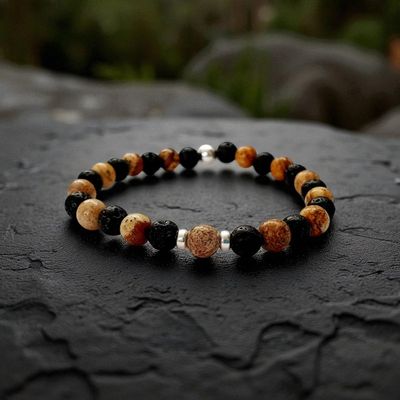 Bracelet jaspe paysage &amp; pierre de lave 6mm