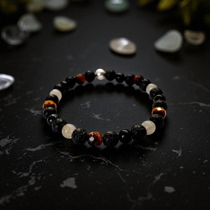 Bracelet labradorite, œil de tigre, tourmaline noire &amp; pierre de lave 6mm