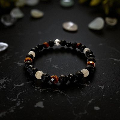 Bracelet labradorite, œil de tigre, tourmaline noire &amp; pierre de lave 6mm