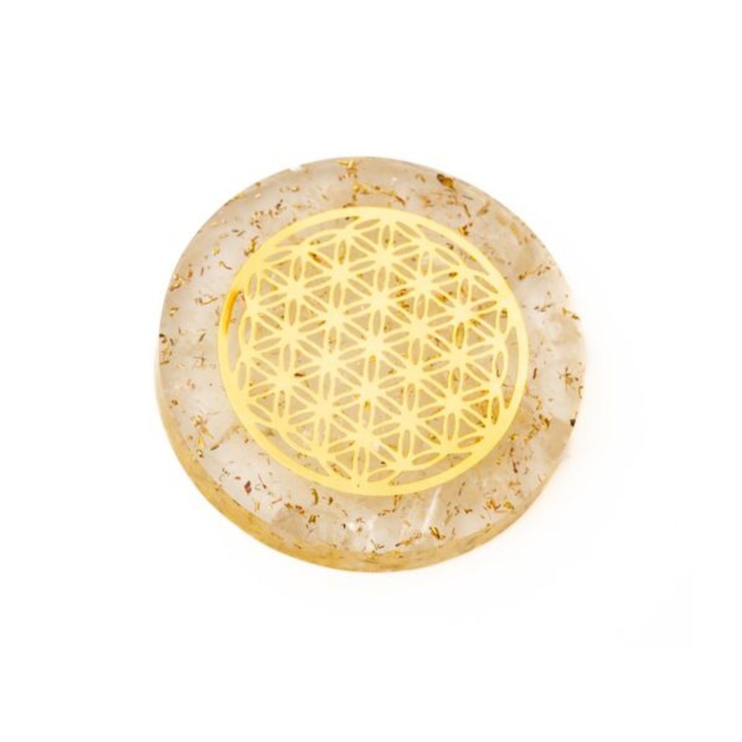 Disque d’Orgonite &amp; Cristal de Roche – Fleur de Vie Dorée