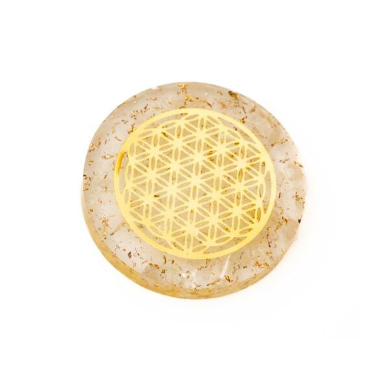 Disque d’Orgonite &amp; Cristal de Roche – Fleur de Vie Dorée