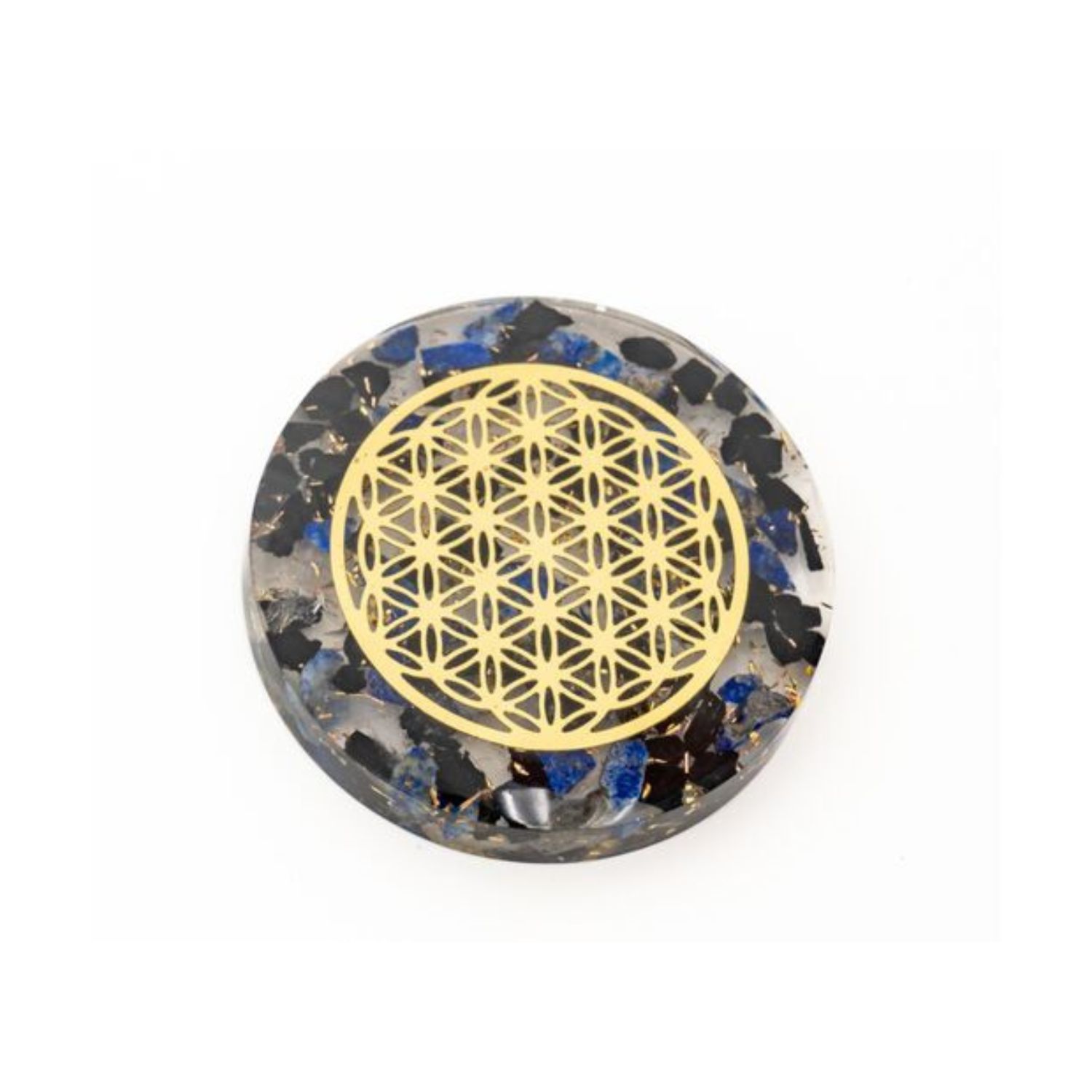 Disque d’Orgonite – Cristal de Roche, Lapis-Lazuli &amp; Tourmaline – Fleur de Vie Dorée
