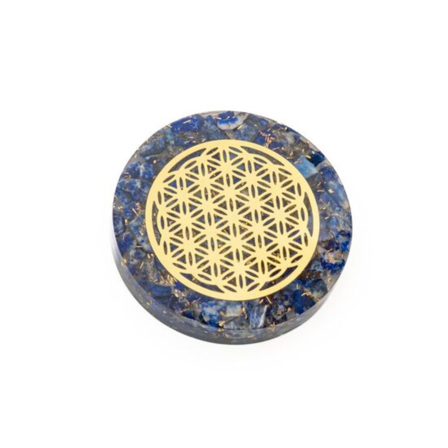 Disque d’Orgonite – Lapis-Lazuli – Fleur de Vie Dorée