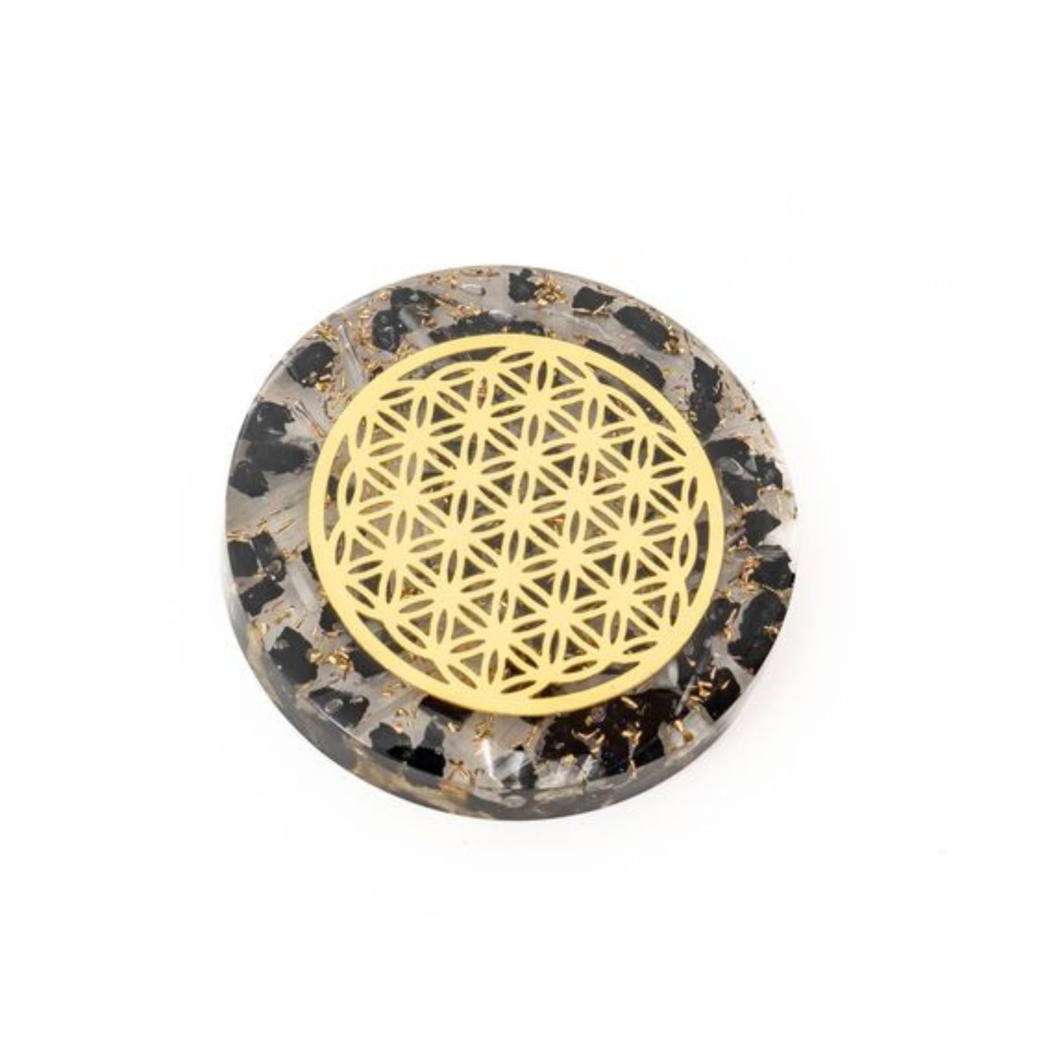 Disque d’Orgonite – Tourmaline Noire &amp; Sélénite – Fleur de Vie Dorée