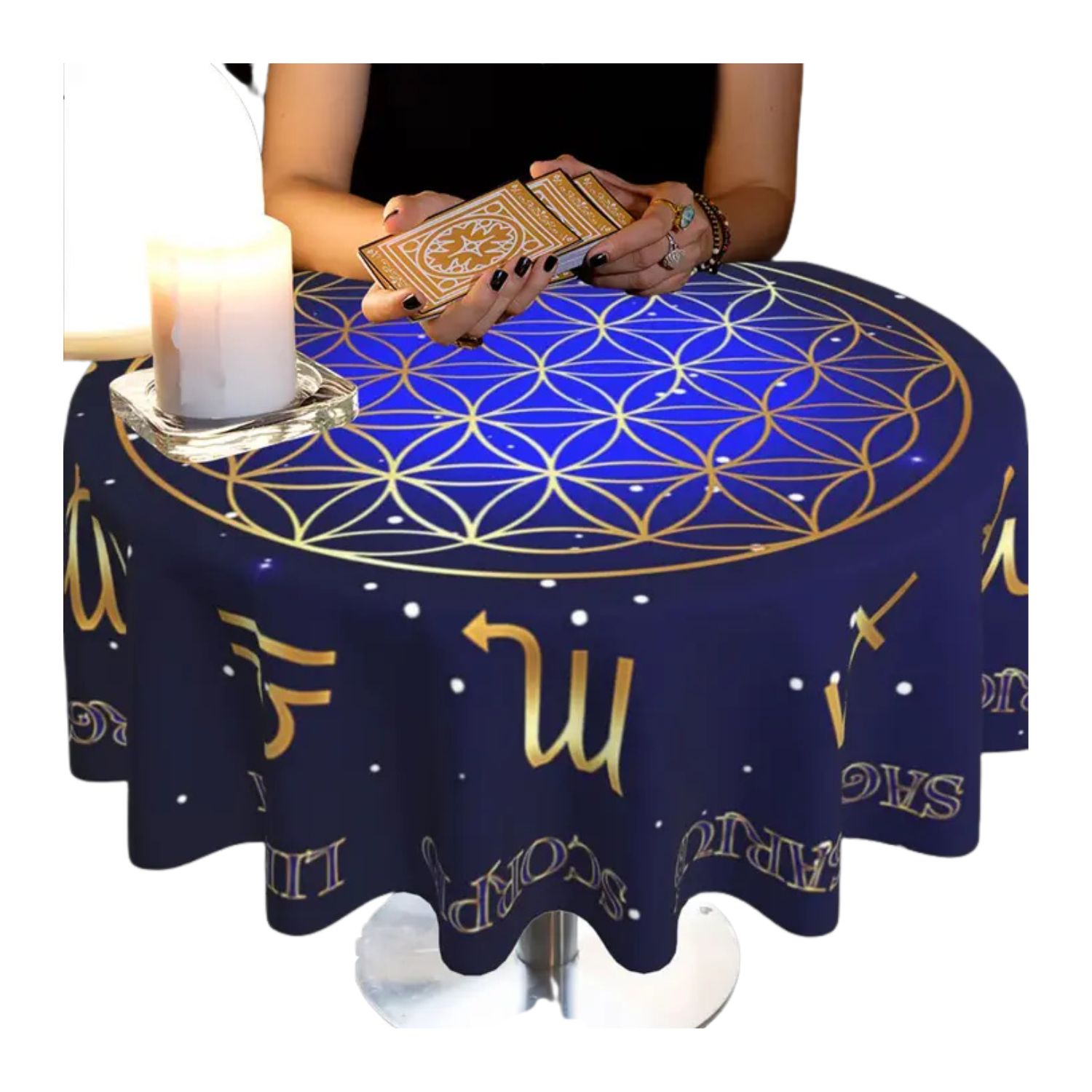 Nappe de Tirage de Tarot ronde – Fleur de Vie &amp; Signes du Zodiaque