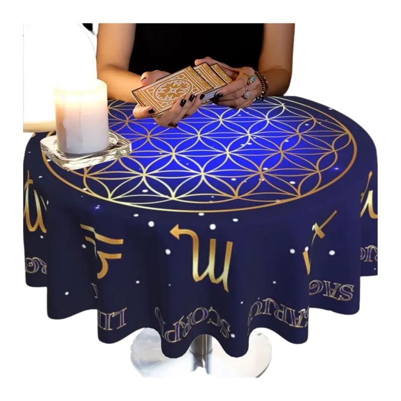 Nappe de Tirage de Tarot ronde – Fleur de Vie &amp; Signes du Zodiaque