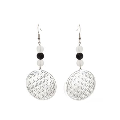 Boucles d'Oreilles - Cristal de roche &amp; pierre de lave - 8 mm