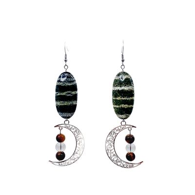 Boucles d'Oreilles - Chrysotile, oeil de tigre et cristal de roche - 8 mm et 20x40mm
