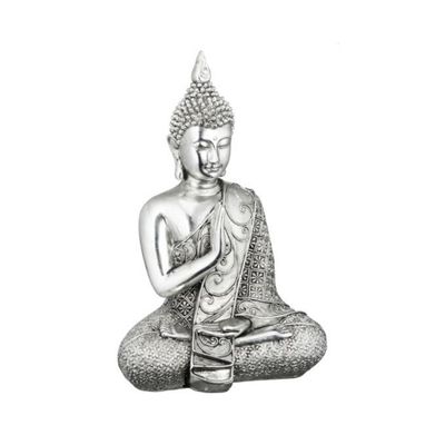 ​Bouddha Assis en Polyrésine Argentée – 17,5 cm