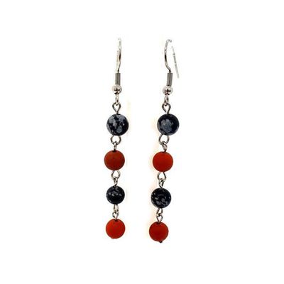 Boucles d'Oreilles Obsidienne Flocon de Neige et Jaspe rouge, 6 mm