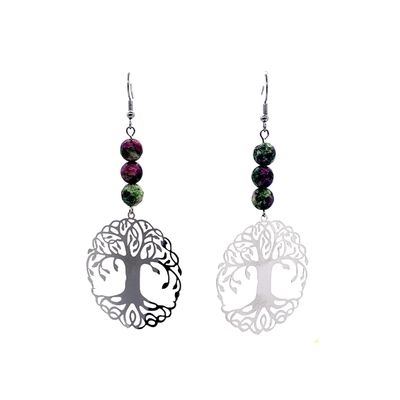 Boucles d'Oreilles Arbre de Vie et Serpentine colorée facettée - 8 mm