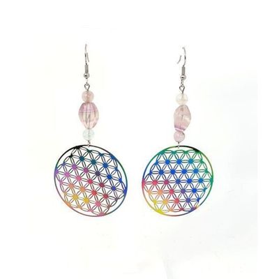 Boucles d'Oreilles Fleur de Vie, fluorite disque 12 mm et 6 mm