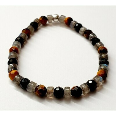 Bracelet labradorite, œil de tigre &amp; tourmaline noire 6mm