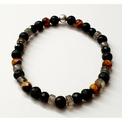 Bracelet labradorite, œil de tigre, tourmaline noire &amp; pierre de lave 6mm