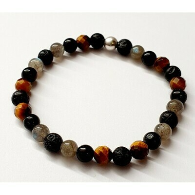 Bracelet labradorite, œil de tigre et tourmaline noire 6mm
