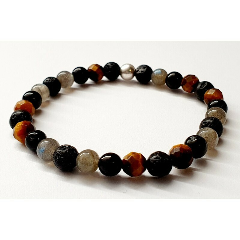 Bracelet labradorite, œil de tigre et tourmaline noire 6mm