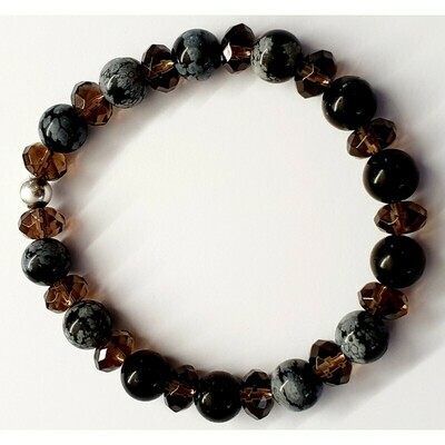 Bracelet obsidienne flocon de neige et Quartz fumé 8mm