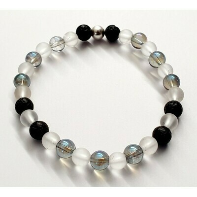 Bracelet aqua aura, cristal de roche et pierre de lave 6mm