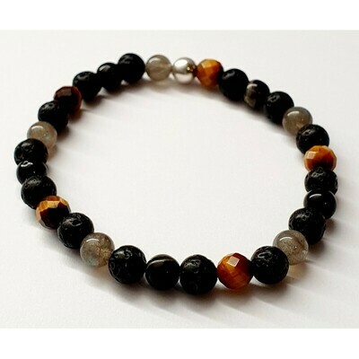 Bracelet labradorite, œil de tigre, tourmaline noire &amp; pierre de lave 6mm
