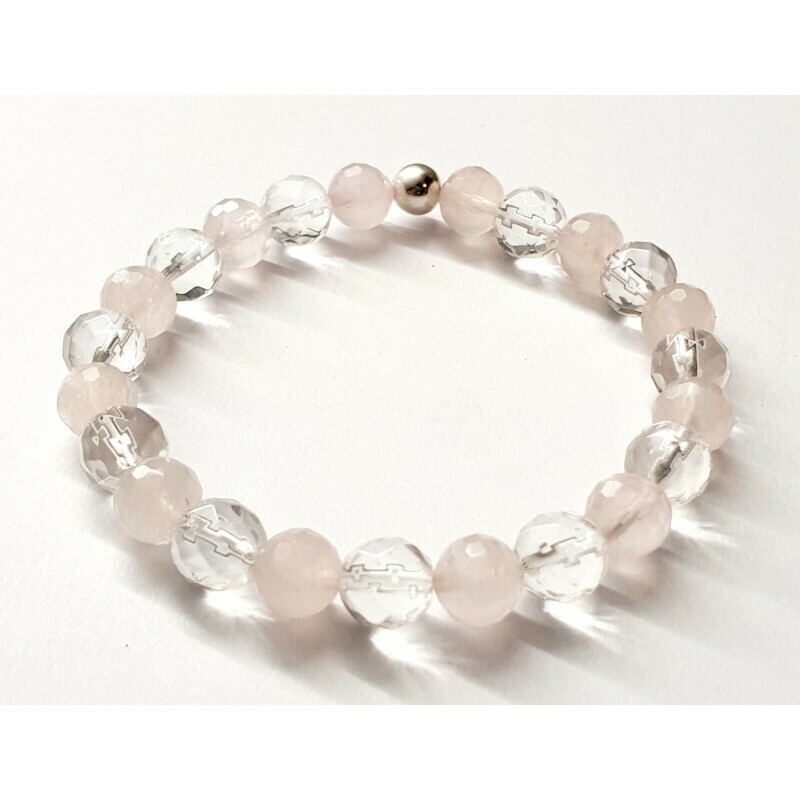 Bracelet Quartz rose et Cristal de roche, facetté 8mm