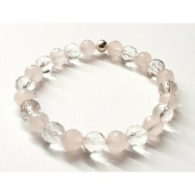 Bracelet Quartz rose et Cristal de roche, facetté 8mm