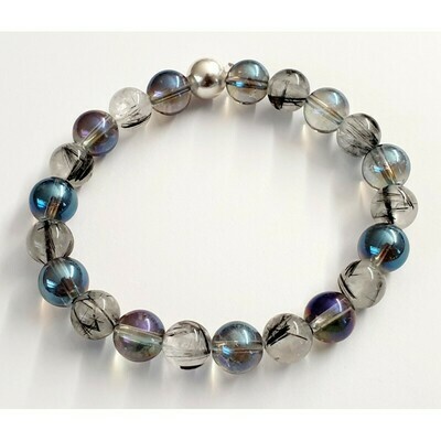 Bracelet aqua aura et cristal de roche inclusion tourmaline 8mm