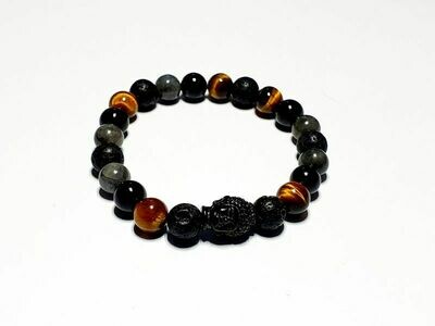 Bracelet labradorite, œil de tigre et tourmaline noire 8 mm
