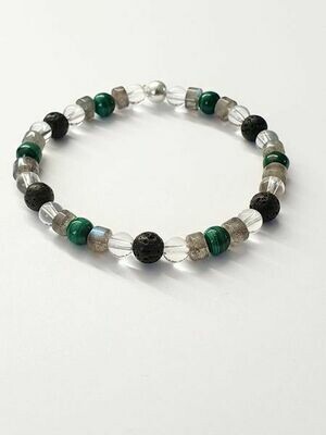 Bracelet Malachite, Labradorite et Cristal de Roche 6 mm