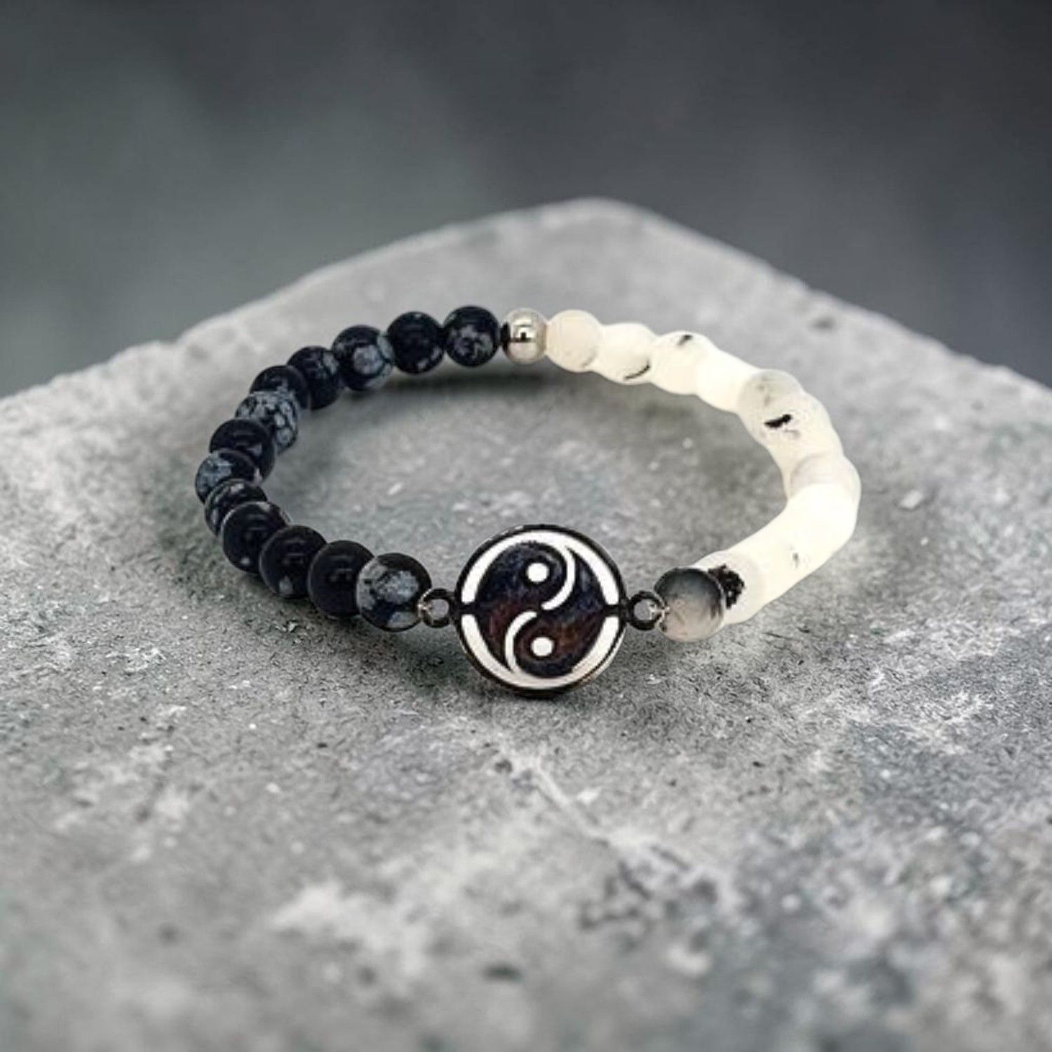 Bracelet Obsidienne Flocon de Neige et Quartz Tourmaline mat, 6mm