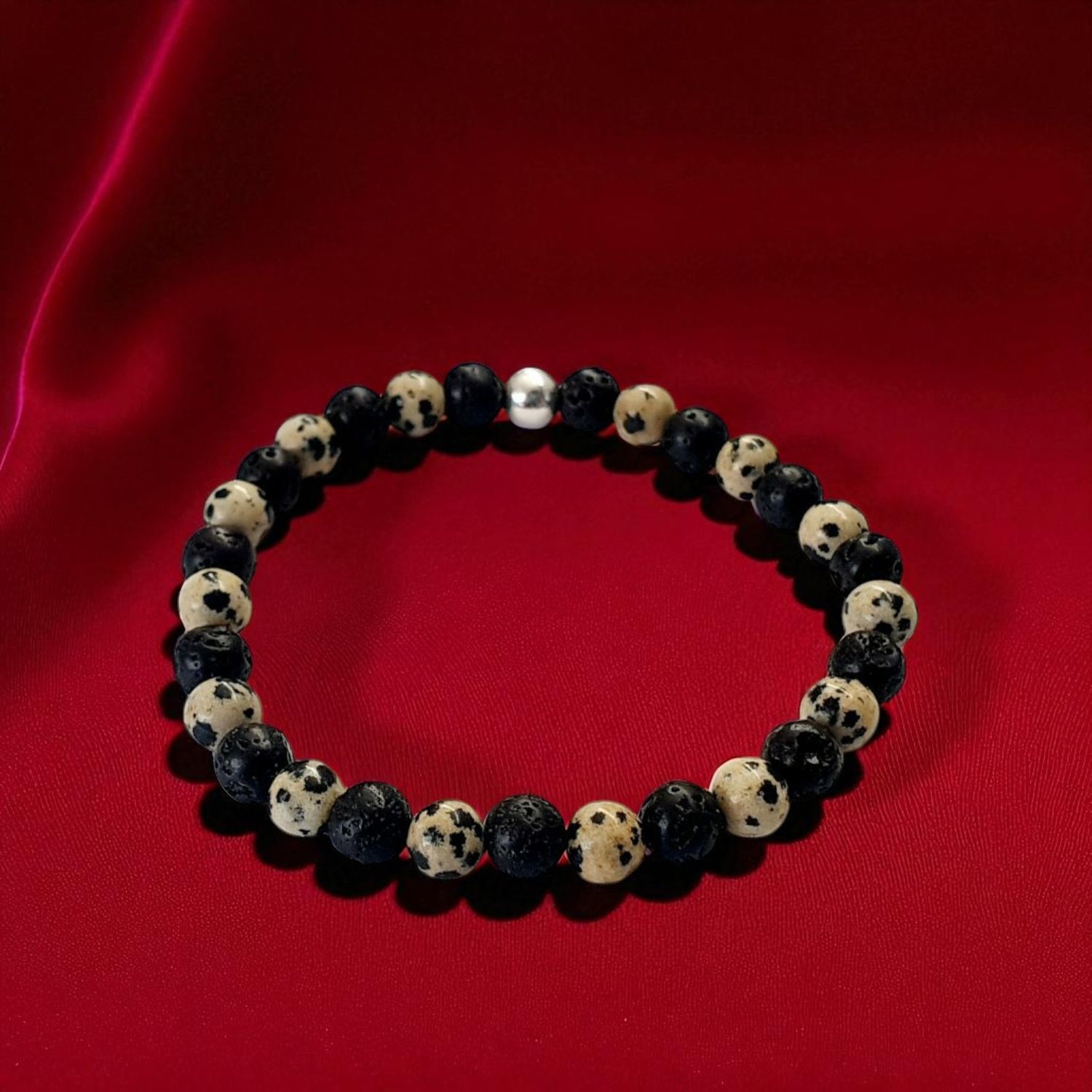 Bracelet jaspe dalmatien &amp; pierre de lave 6mm - soutient votre équilibre intérieur et votre chemin de transformation.