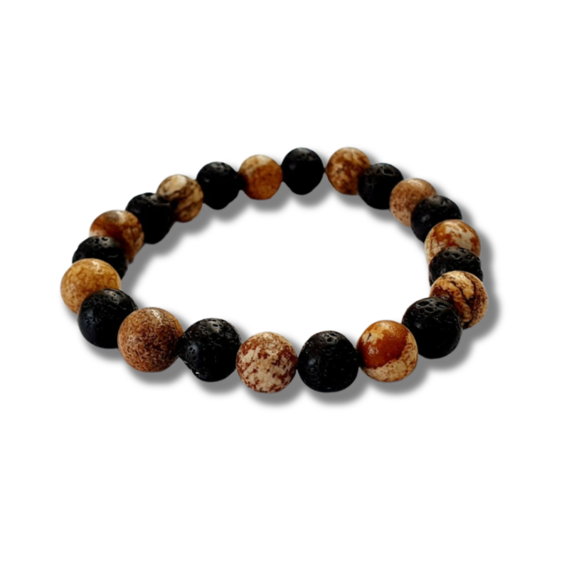 Bracelet Jaspe Paysage & Pierre de Lave – 8 mm. Créativité, ancrage & force intérieure