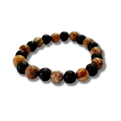 Bracelet Jaspe Paysage &amp; Pierre de Lave – 8 mm. Créativité, ancrage &amp; force intérieure