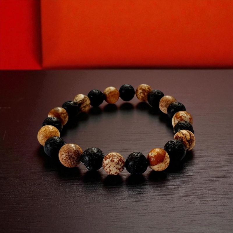 Bracelet jaspe paysage & pierre de lave 8mm Bracelet Jaspe Paysage & Pierre de Lave – 8 mm. Créativité, ancrage & force intérieure