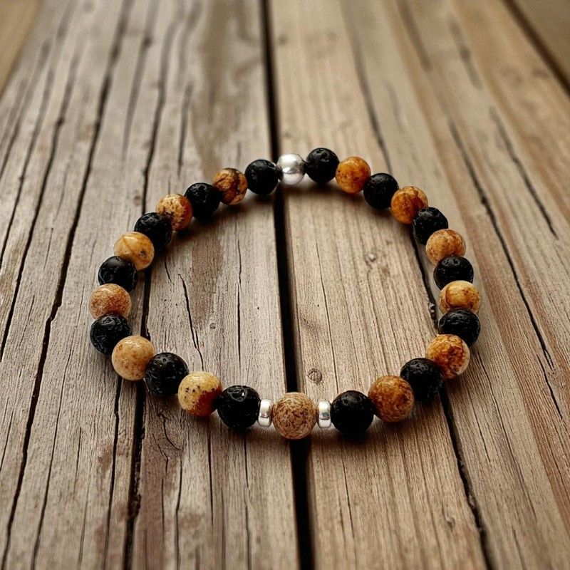 Bracelet jaspe paysage &amp; pierre de lave 6mm - Créativité, ancrage &amp; force intérieure