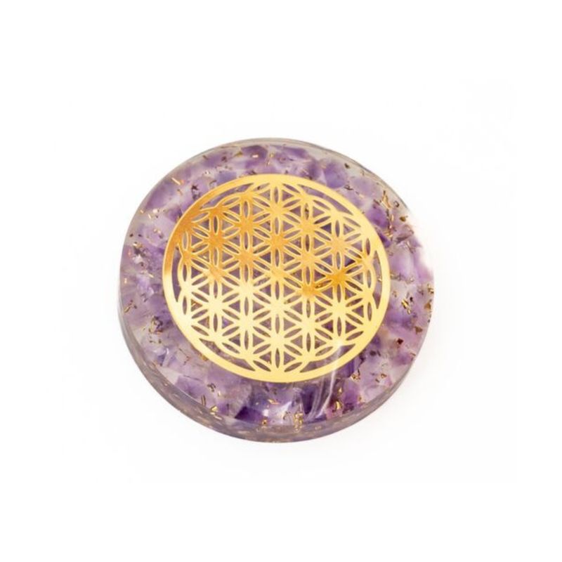 Disque d’Orgonite &amp; Améthyste – Fleur de Vie Dorée - 4cm