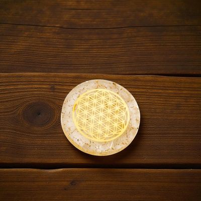 Disque d’Orgonite &amp; Cristal de Roche – Fleur de Vie Dorée - 4cm