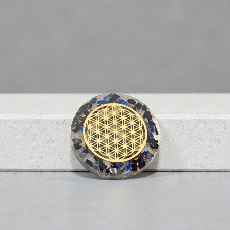 Disque d’Orgonite – Cristal de Roche, Lapis-Lazuli &amp; Tourmaline – Fleur de Vie Dorée - 4cm
