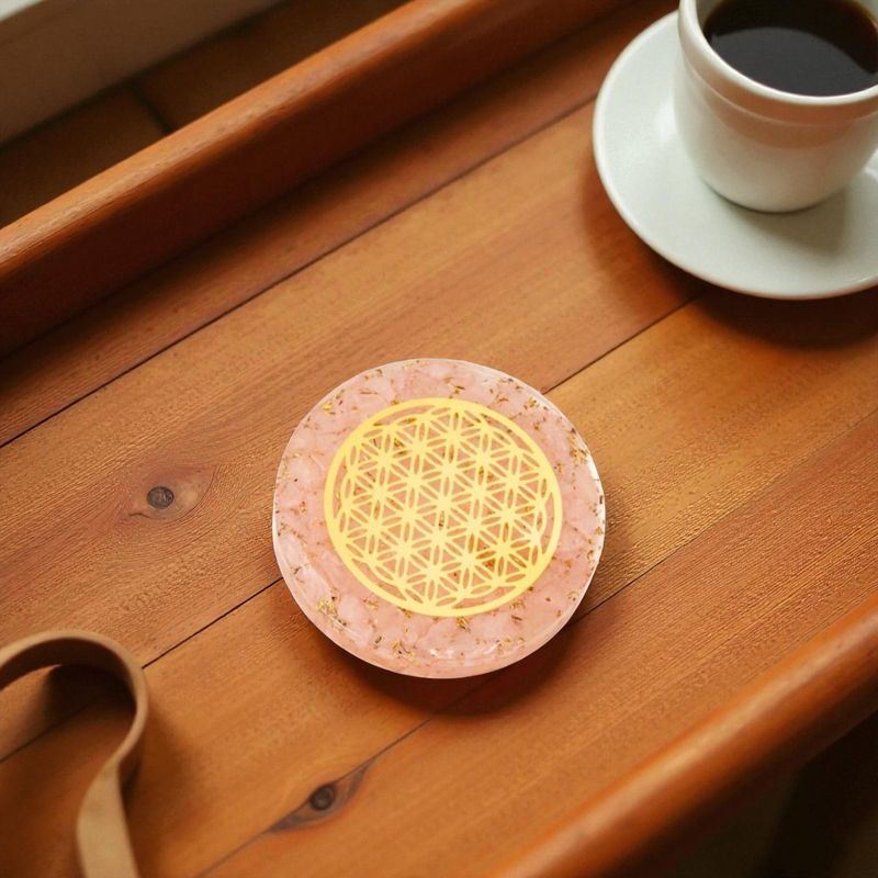 Disque d’Orgonite – Quartz Rose – Fleur de Vie Dorée - 4cm