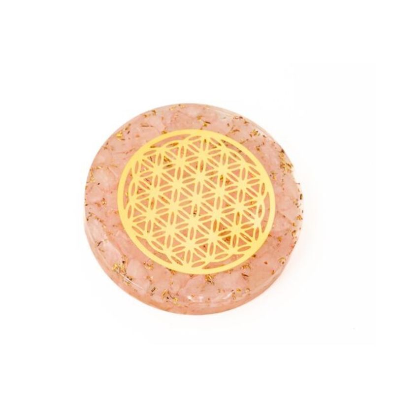 Disque d’Orgonite – Quartz Rose – Fleur de Vie Dorée - 4cm