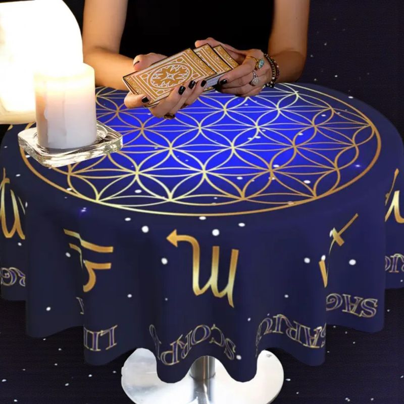 Nappe de Tirage de Tarot ronde – Fleur de Vie &amp; Signes du Zodiaque - diamètre 152 cm