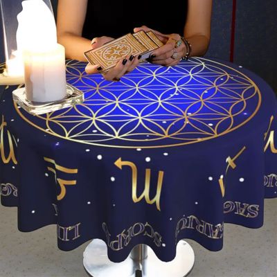 Nappe de Tirage de Tarot ronde – Fleur de Vie & Signes du Zodiaque Nappe de Tirage de Tarot ronde – Fleur de Vie & Signes du Zodiaque - diamètre 152 cm