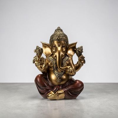 Statue de Ganesh hindou assis or et rouge - 28 cm