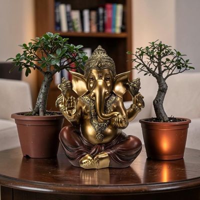 Statue de Ganesh hindou assis or et rouge - 28 cm