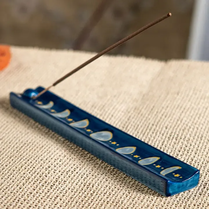 Porte-encens en céramique phases de la lune bleu