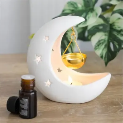 Diffuseur d’huiles croissant de lune blanc avec coupelle suspendue